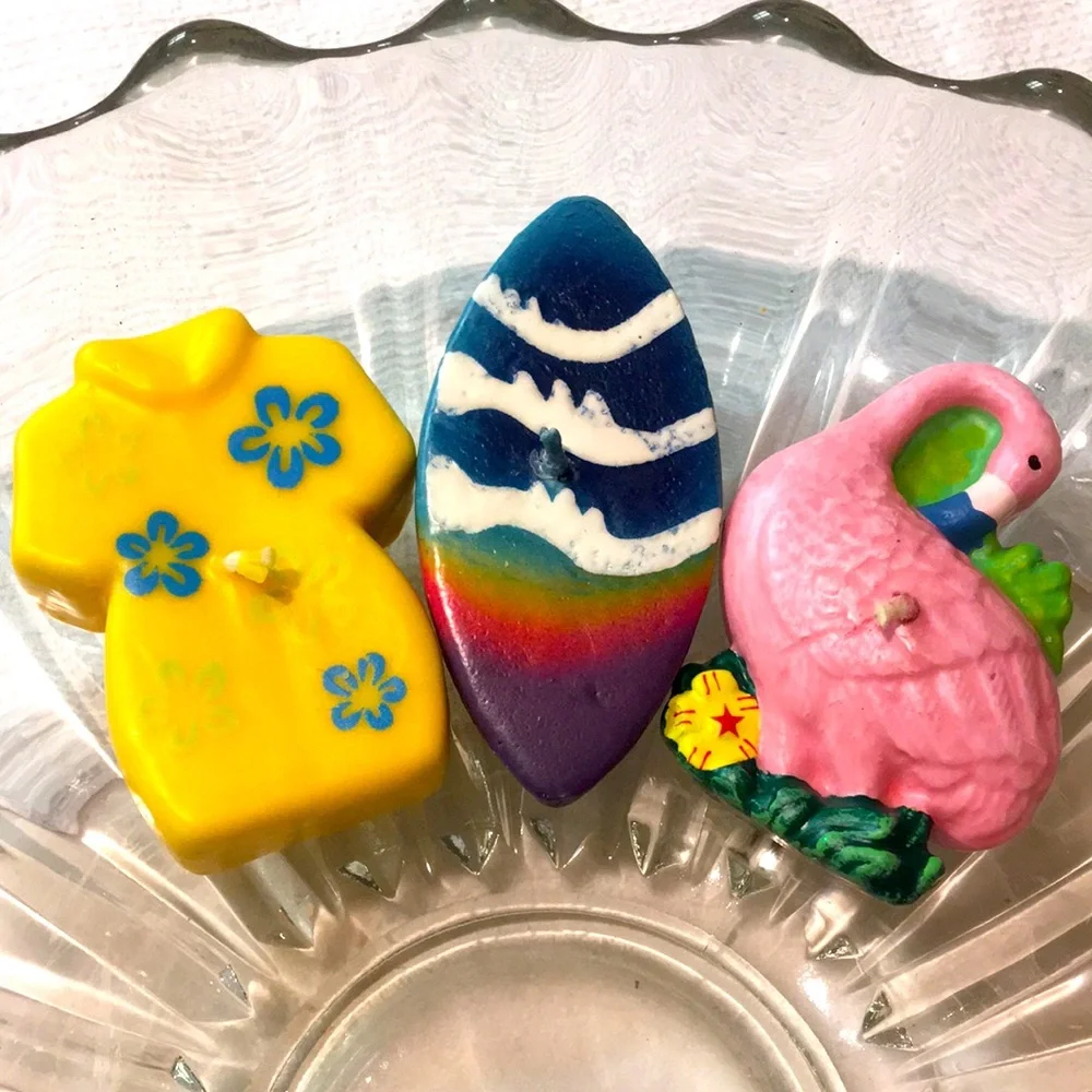 Set/9 FLOATING SUMMER SEASIDE CANDLES 🏄‍♀️🦩🌺👙👒🌼🪸👚